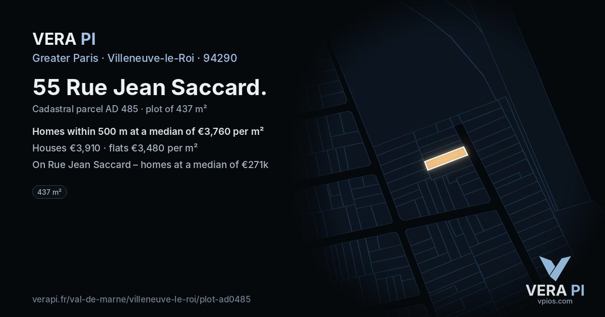 55 Rue Jean Saccard, Villeneuve-le-Roi at night – the plot lit, the parcels around coloured by the prices near them