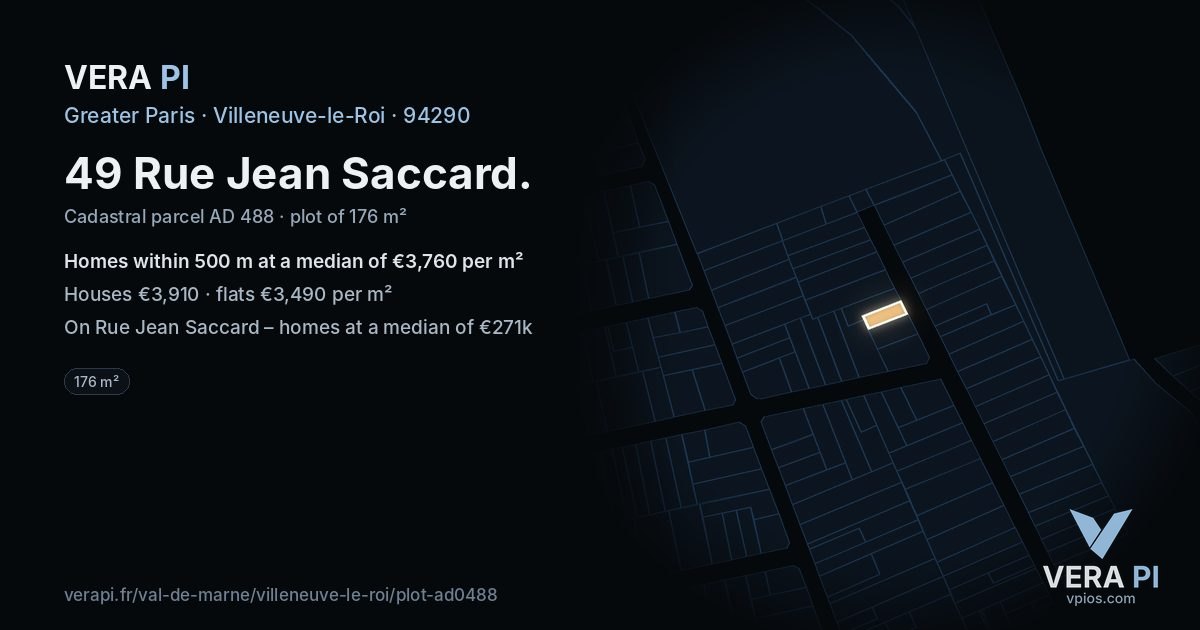 49 Rue Jean Saccard, Villeneuve-le-Roi at night – the plot lit, the parcels around coloured by the prices near them