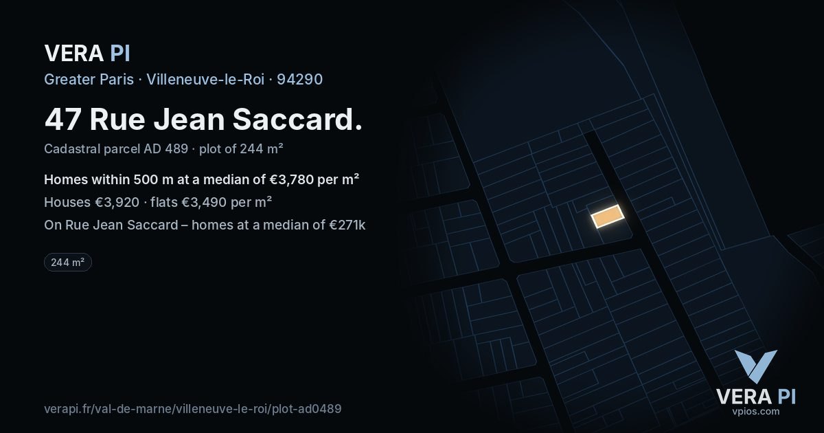 47 Rue Jean Saccard, Villeneuve-le-Roi at night – the plot lit, the parcels around coloured by the prices near them