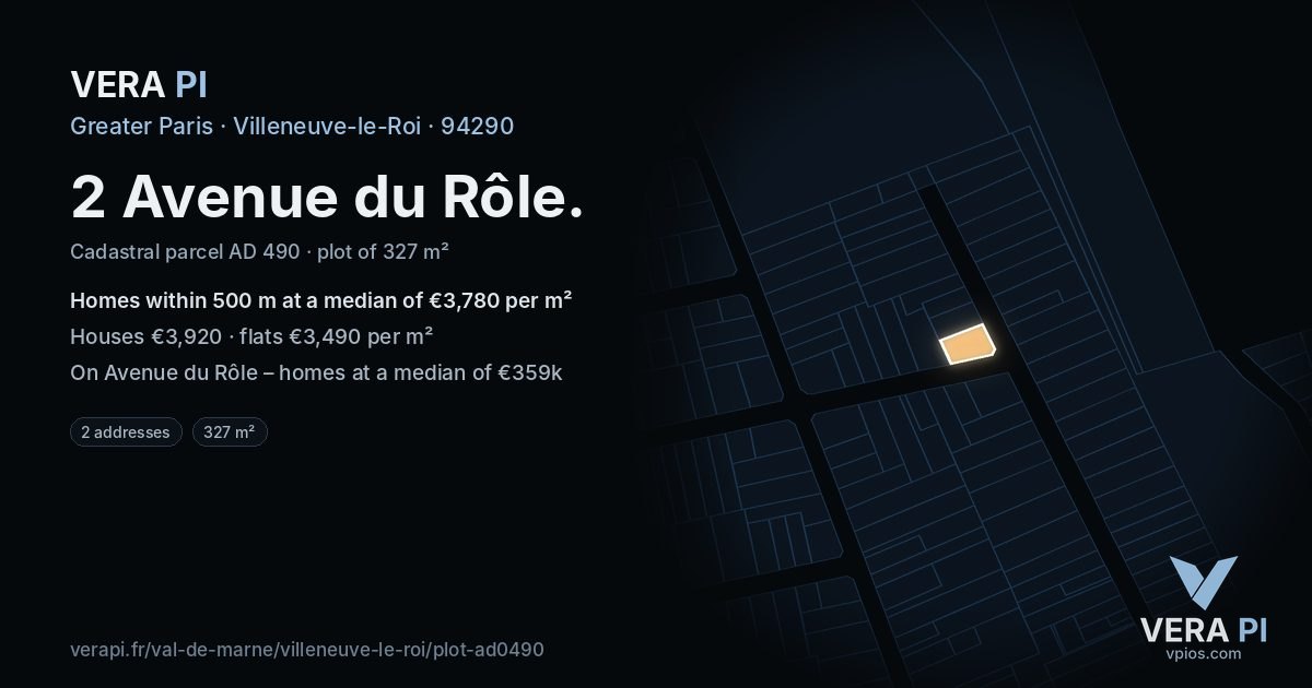 2 Avenue du Rôle, Villeneuve-le-Roi at night – the plot lit, the parcels around coloured by the prices near them