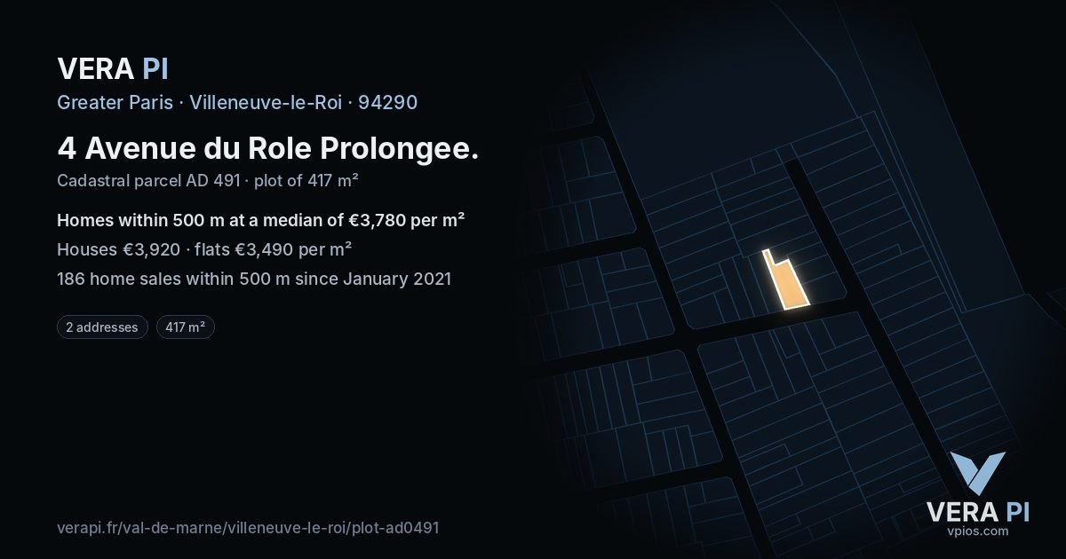 4 Avenue du Role Prolongee, Villeneuve-le-Roi at night – the plot lit, the parcels around coloured by the prices near them