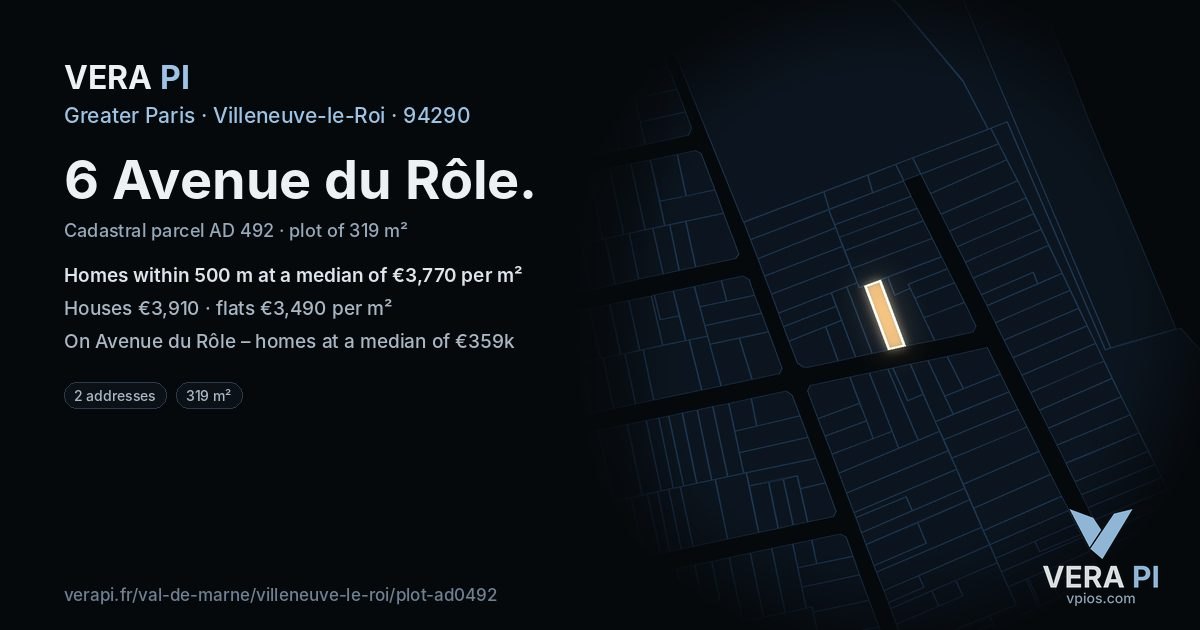 6 Avenue du Rôle, Villeneuve-le-Roi at night – the plot lit, the parcels around coloured by the prices near them