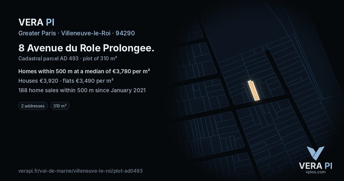 8 Avenue du Role Prolongee, Villeneuve-le-Roi at night – the plot lit, the parcels around coloured by the prices near them