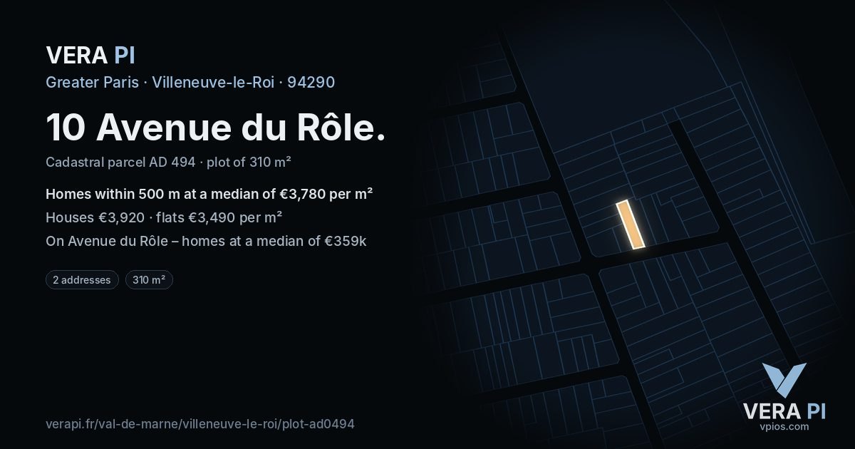 10 Avenue du Rôle, Villeneuve-le-Roi at night – the plot lit, the parcels around coloured by the prices near them