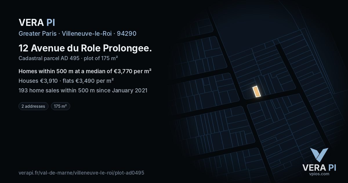 12 Avenue du Role Prolongee, Villeneuve-le-Roi at night – the plot lit, the parcels around coloured by the prices near them