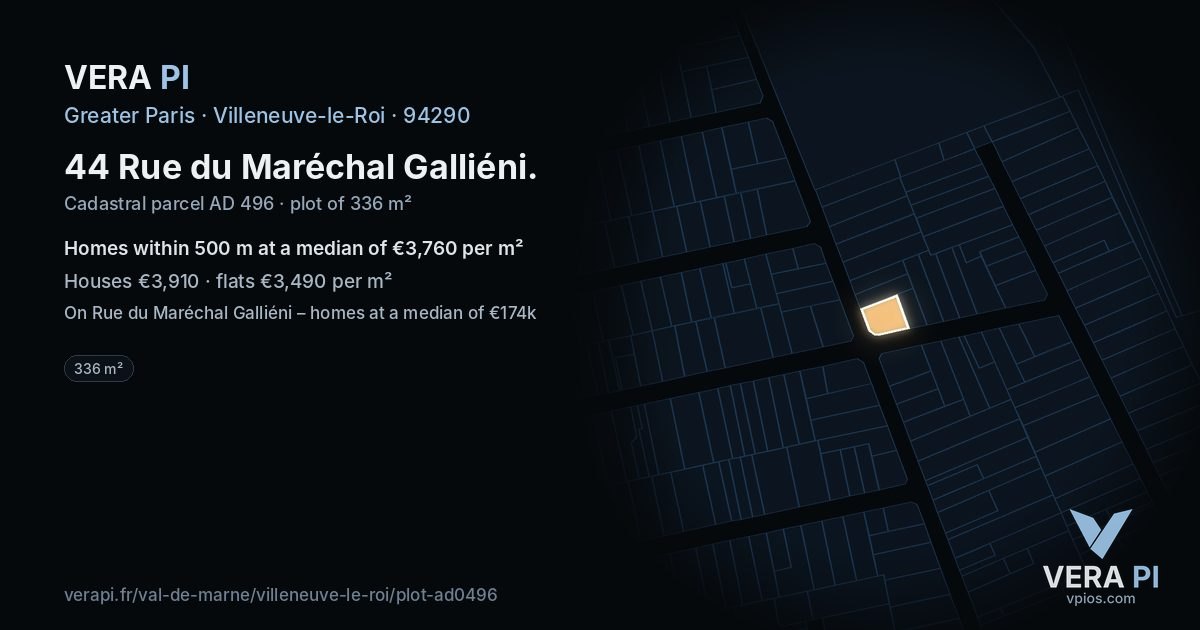 44 Rue du Maréchal Galliéni, Villeneuve-le-Roi at night – the plot lit, the parcels around coloured by the prices near them