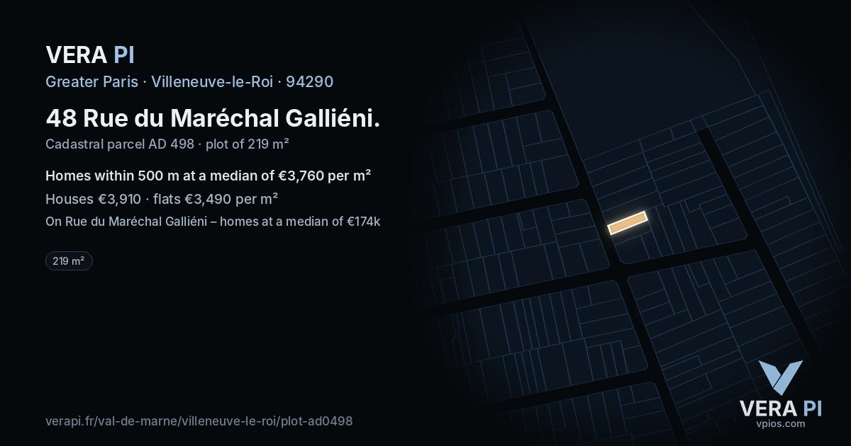 48 Rue du Maréchal Galliéni, Villeneuve-le-Roi at night – the plot lit, the parcels around coloured by the prices near them
