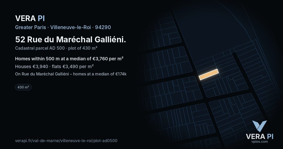 52 Rue du Maréchal Galliéni, Villeneuve-le-Roi at night – the plot lit, the parcels around coloured by the prices near them