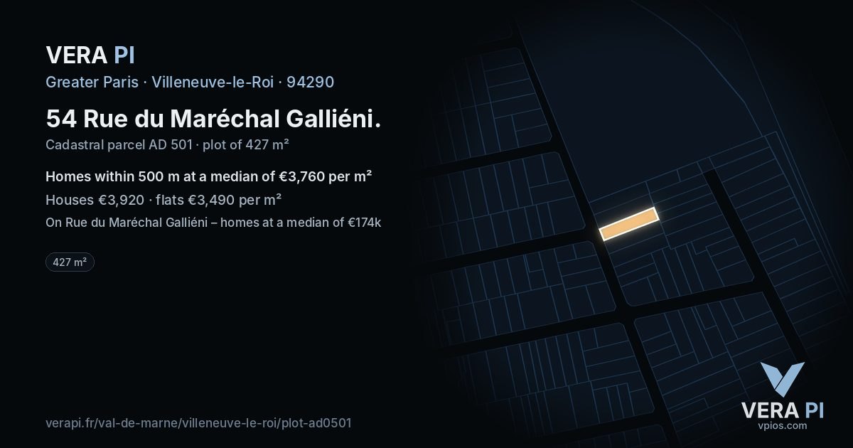 54 Rue du Maréchal Galliéni, Villeneuve-le-Roi at night – the plot lit, the parcels around coloured by the prices near them
