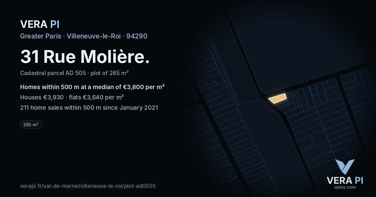 31 Rue Molière, Villeneuve-le-Roi at night – the plot lit, the parcels around coloured by the prices near them