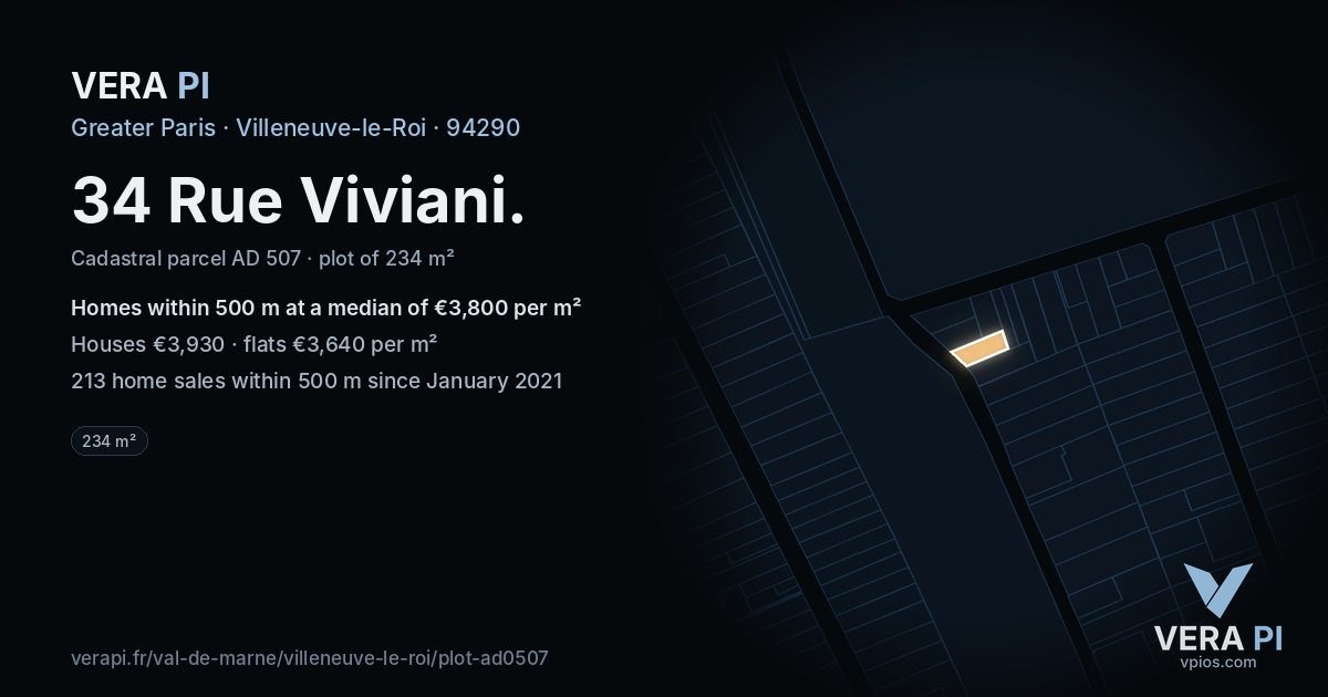 34 Rue Viviani, Villeneuve-le-Roi at night – the plot lit, the parcels around coloured by the prices near them
