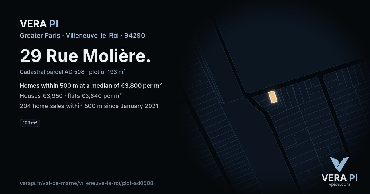 29 Rue Molière, Villeneuve-le-Roi at night – the plot lit, the parcels around coloured by the prices near them