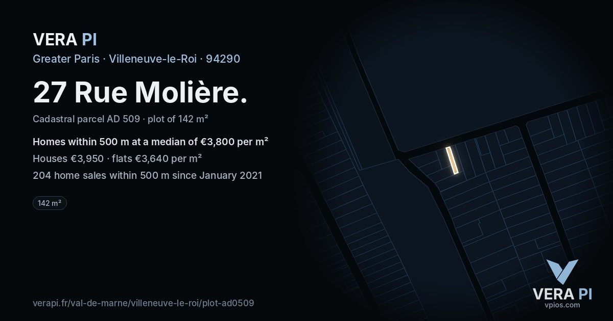 27 Rue Molière, Villeneuve-le-Roi at night – the plot lit, the parcels around coloured by the prices near them