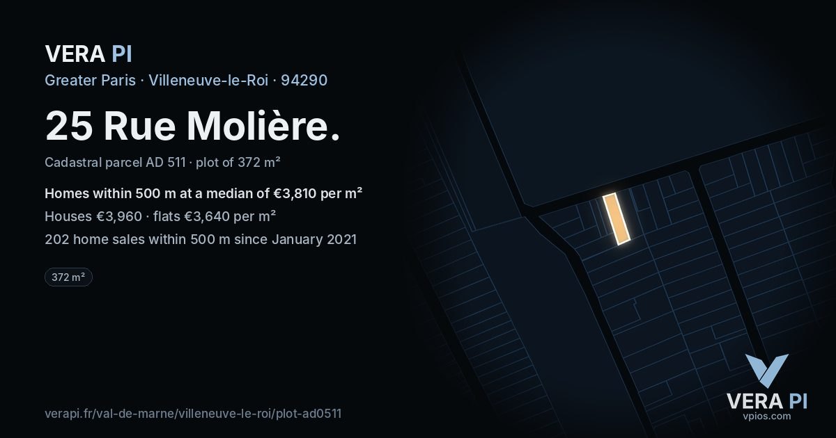 25 Rue Molière, Villeneuve-le-Roi at night – the plot lit, the parcels around coloured by the prices near them
