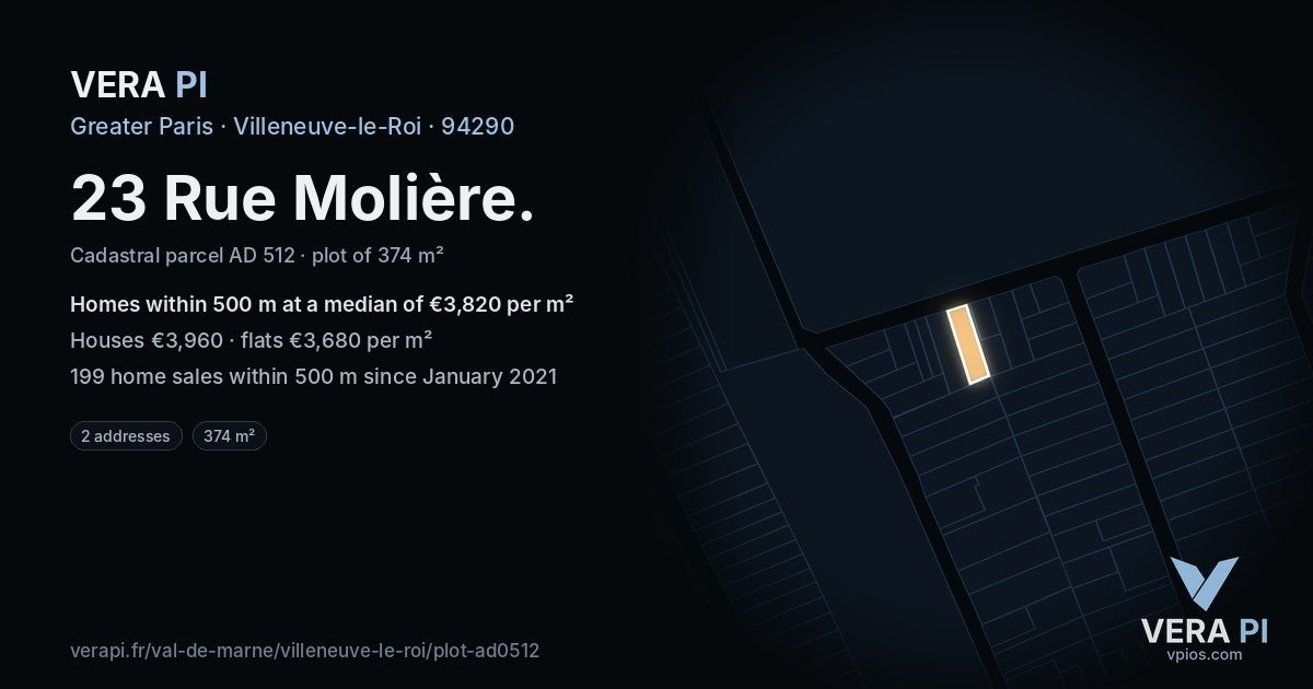 23 Rue Molière, Villeneuve-le-Roi at night – the plot lit, the parcels around coloured by the prices near them