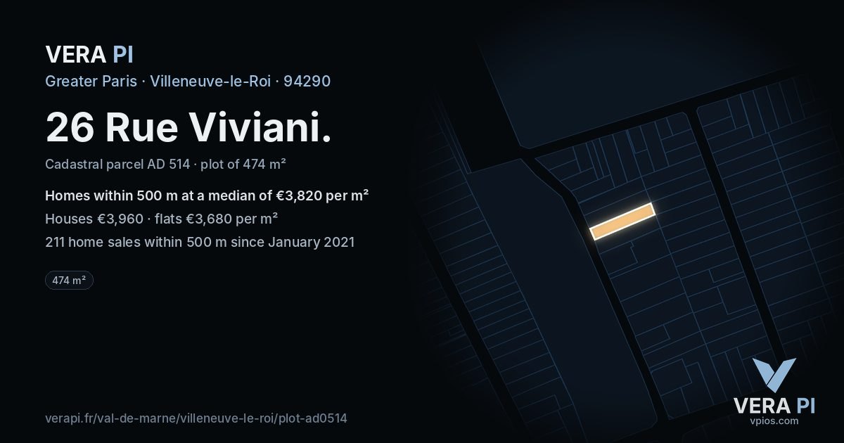26 Rue Viviani, Villeneuve-le-Roi at night – the plot lit, the parcels around coloured by the prices near them