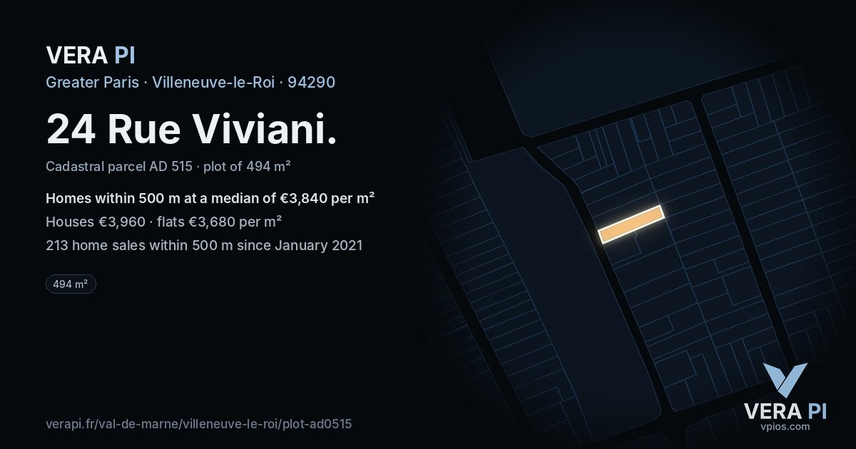 24 Rue Viviani, Villeneuve-le-Roi at night – the plot lit, the parcels around coloured by the prices near them