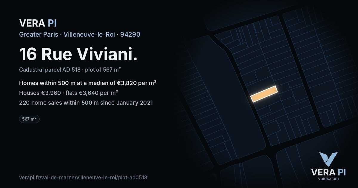 16 Rue Viviani, Villeneuve-le-Roi at night – the plot lit, the parcels around coloured by the prices near them