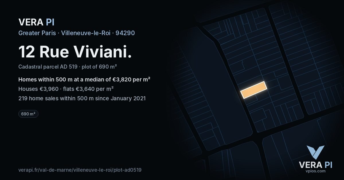 12 Rue Viviani, Villeneuve-le-Roi at night – the plot lit, the parcels around coloured by the prices near them
