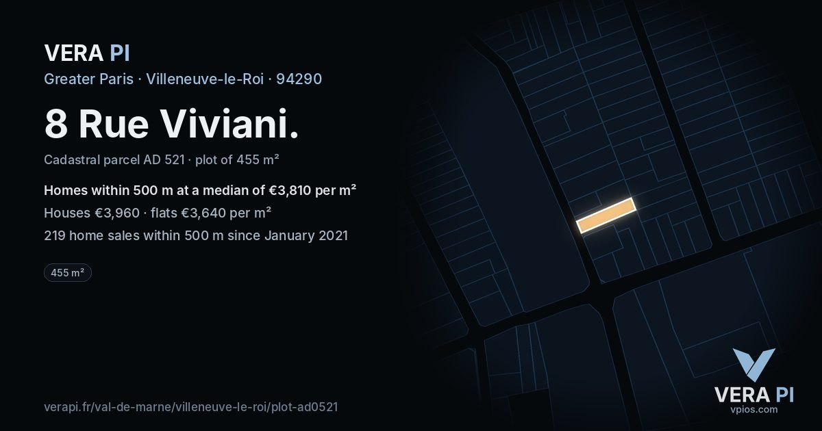 8 Rue Viviani, Villeneuve-le-Roi at night – the plot lit, the parcels around coloured by the prices near them