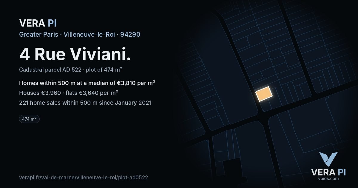 4 Rue Viviani, Villeneuve-le-Roi at night – the plot lit, the parcels around coloured by the prices near them