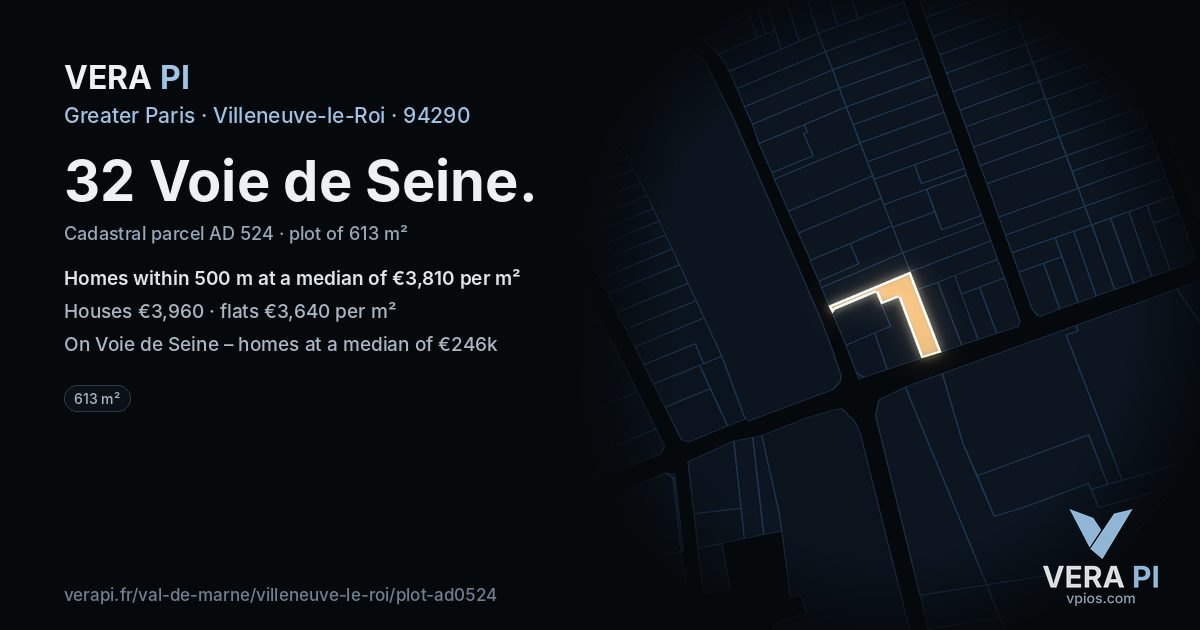 32 Voie de Seine, Villeneuve-le-Roi at night – the plot lit, the parcels around coloured by the prices near them