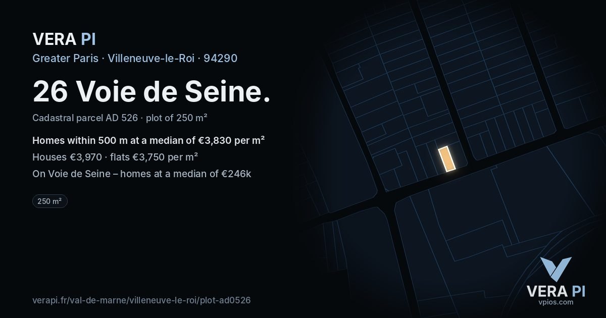 26 Voie de Seine, Villeneuve-le-Roi at night – the plot lit, the parcels around coloured by the prices near them