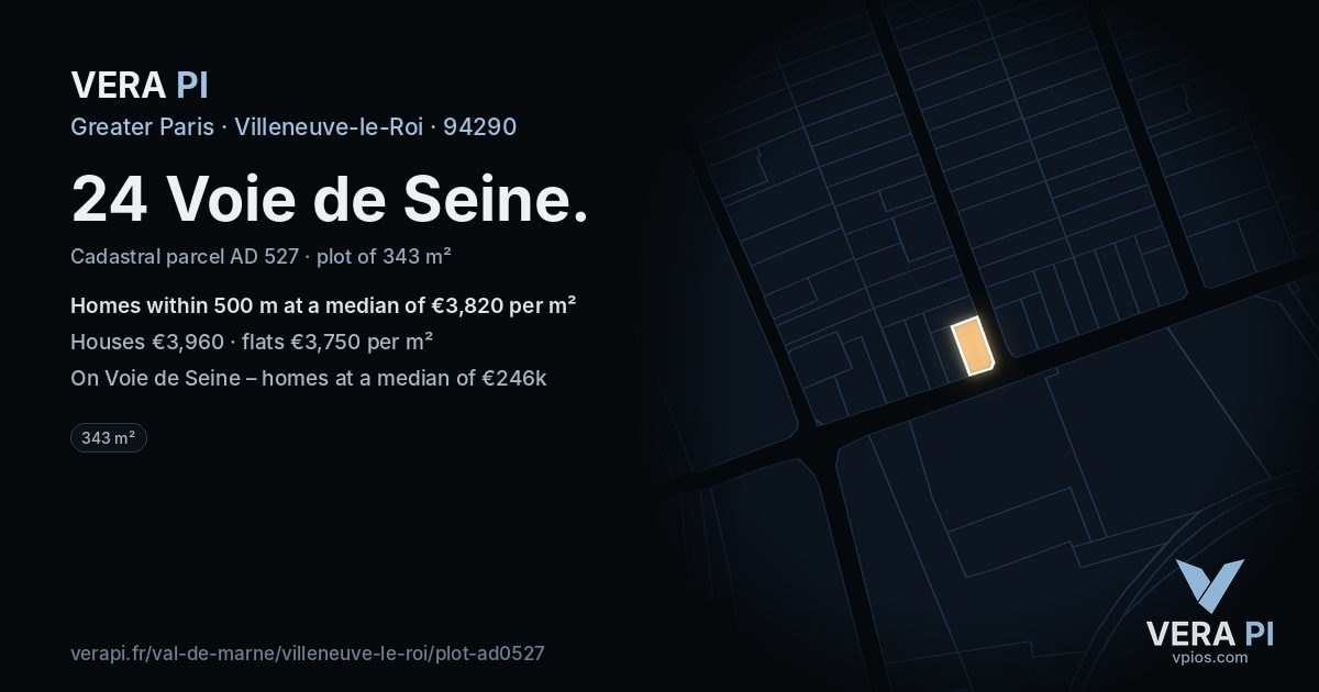 24 Voie de Seine, Villeneuve-le-Roi at night – the plot lit, the parcels around coloured by the prices near them