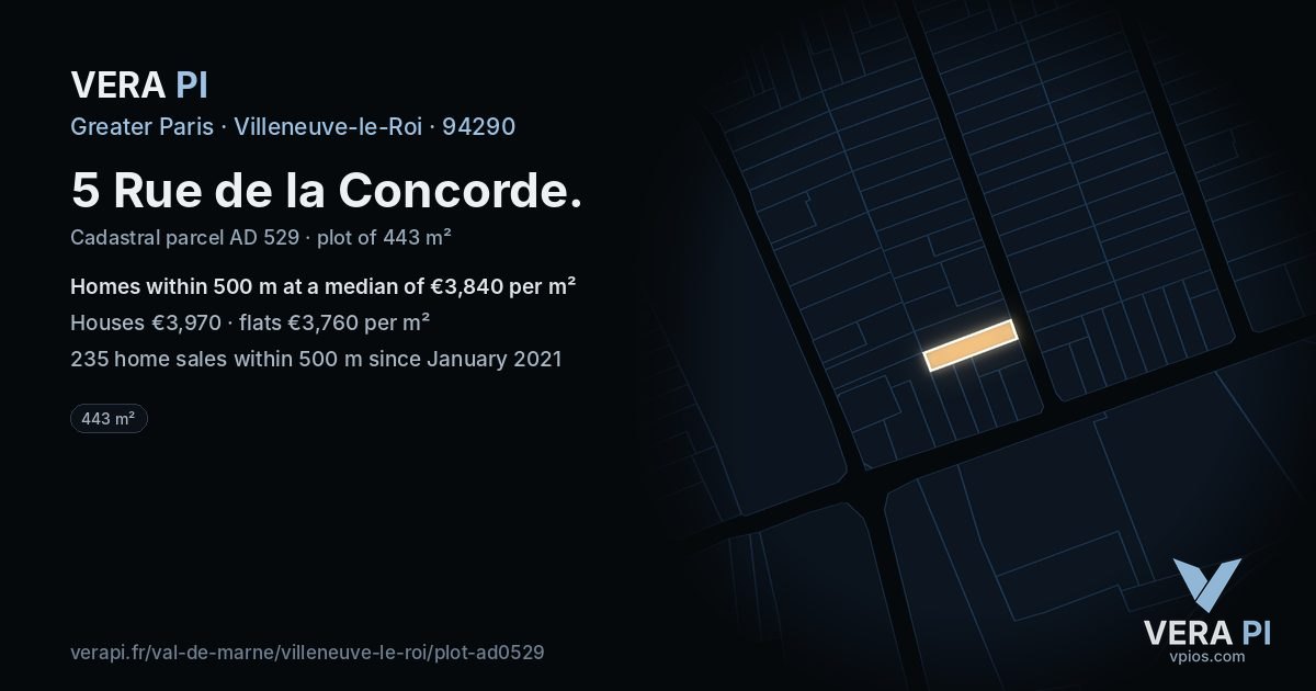 5 Rue de la Concorde, Villeneuve-le-Roi at night – the plot lit, the parcels around coloured by the prices near them
