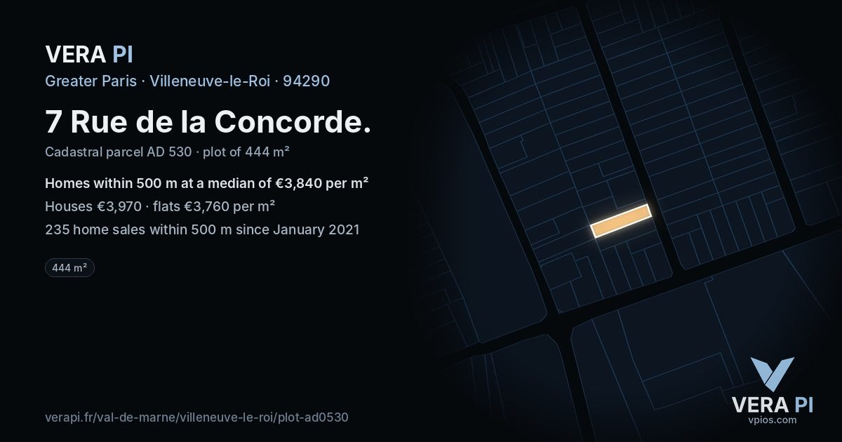 7 Rue de la Concorde, Villeneuve-le-Roi at night – the plot lit, the parcels around coloured by the prices near them