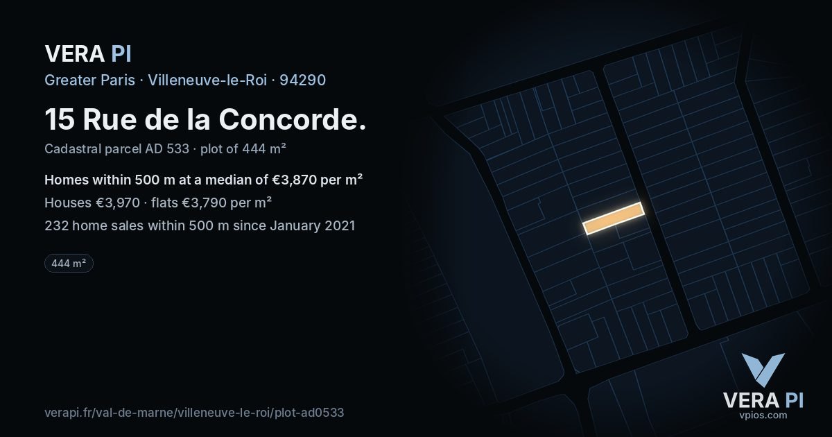 15 Rue de la Concorde, Villeneuve-le-Roi at night – the plot lit, the parcels around coloured by the prices near them