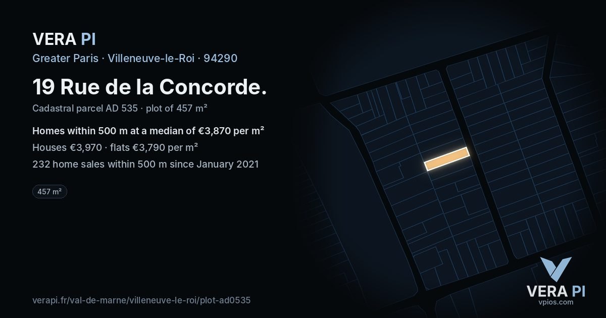 19 Rue de la Concorde, Villeneuve-le-Roi at night – the plot lit, the parcels around coloured by the prices near them