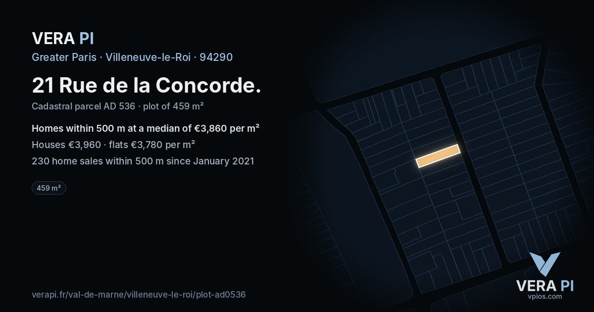 21 Rue de la Concorde, Villeneuve-le-Roi at night – the plot lit, the parcels around coloured by the prices near them