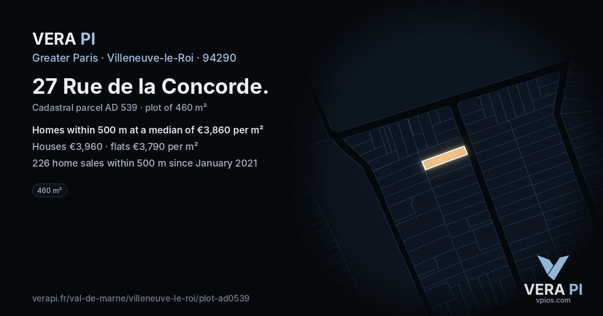 27 Rue de la Concorde, Villeneuve-le-Roi at night – the plot lit, the parcels around coloured by the prices near them