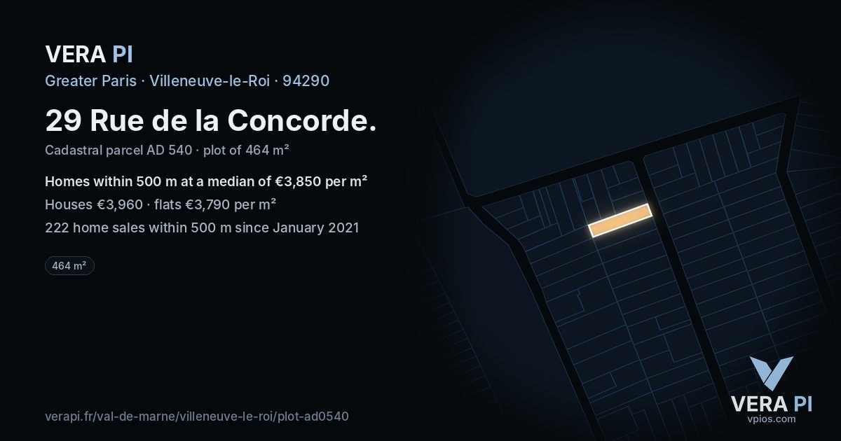 29 Rue de la Concorde, Villeneuve-le-Roi at night – the plot lit, the parcels around coloured by the prices near them