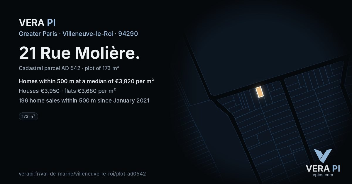 21 Rue Molière, Villeneuve-le-Roi at night – the plot lit, the parcels around coloured by the prices near them