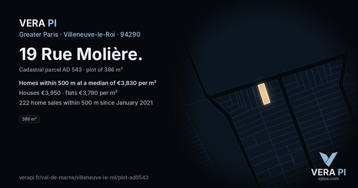 19 Rue Molière, Villeneuve-le-Roi at night – the plot lit, the parcels around coloured by the prices near them