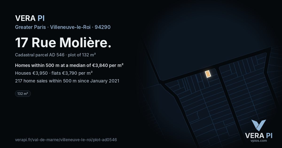 17 Rue Molière, Villeneuve-le-Roi at night – the plot lit, the parcels around coloured by the prices near them
