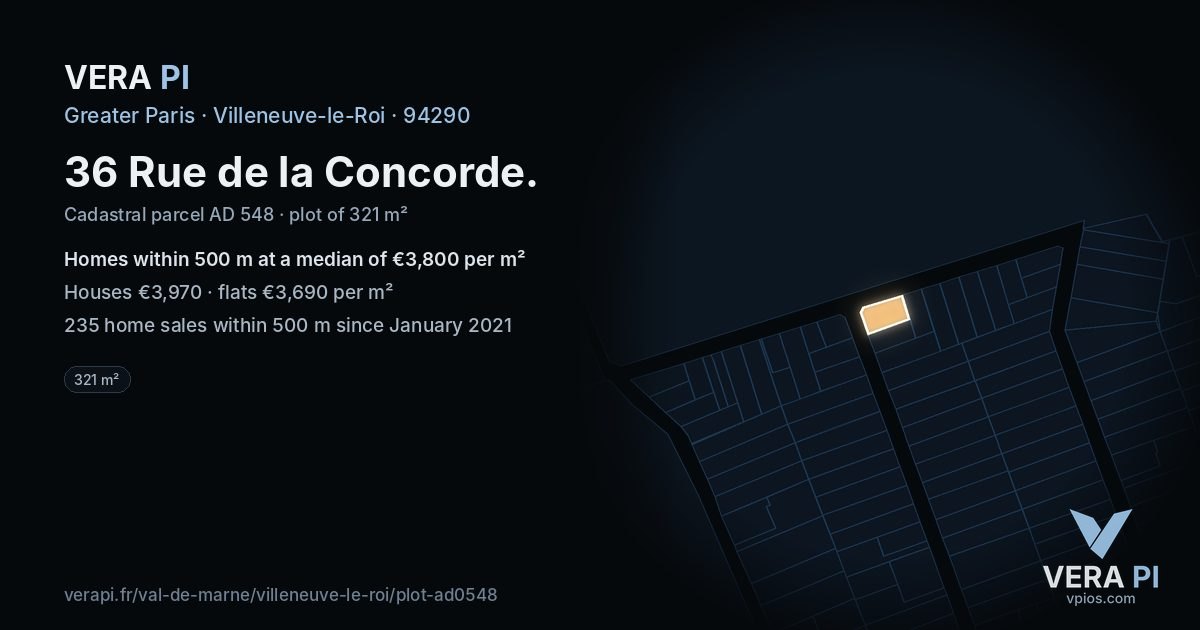 36 Rue de la Concorde, Villeneuve-le-Roi at night – the plot lit, the parcels around coloured by the prices near them