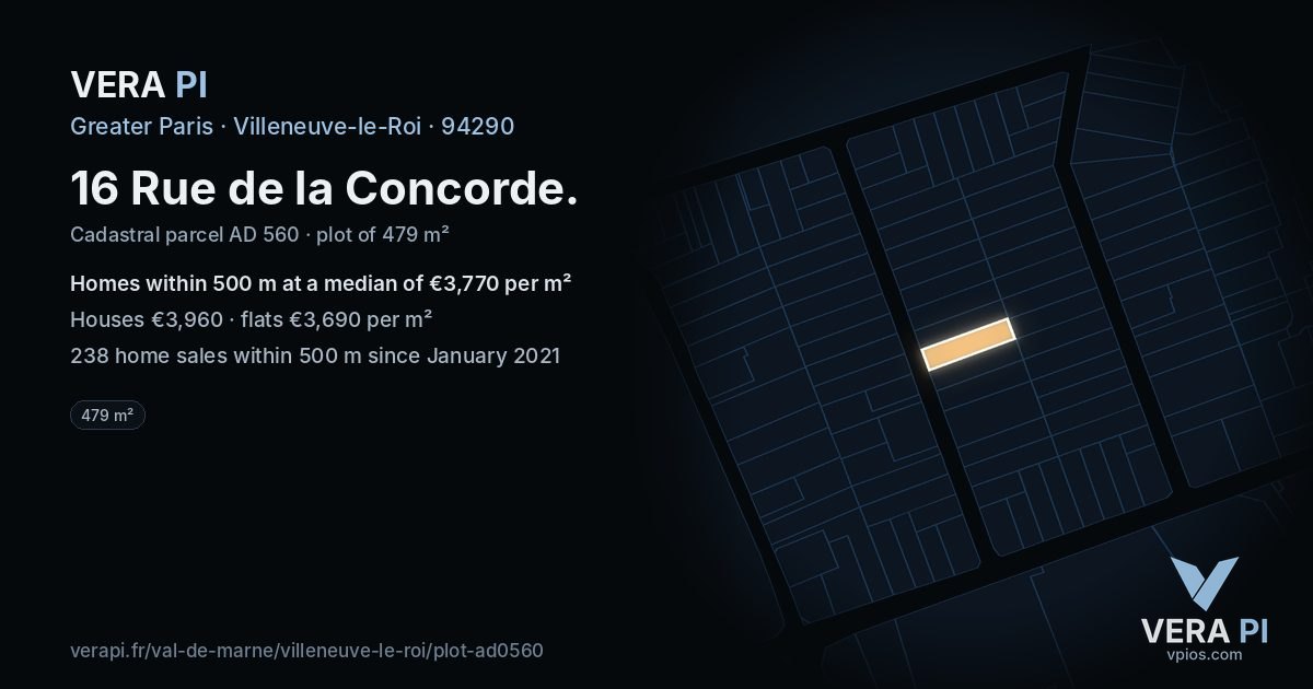 16 Rue de la Concorde, Villeneuve-le-Roi at night – the plot lit, the parcels around coloured by the prices near them