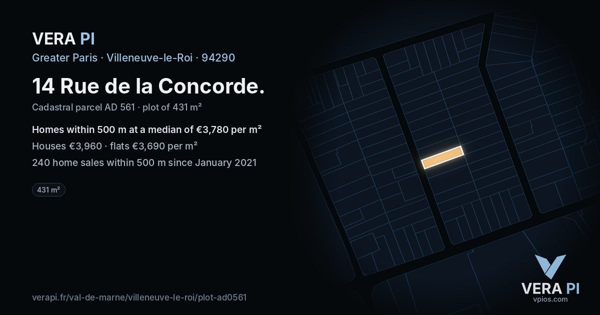 14 Rue de la Concorde, Villeneuve-le-Roi at night – the plot lit, the parcels around coloured by the prices near them