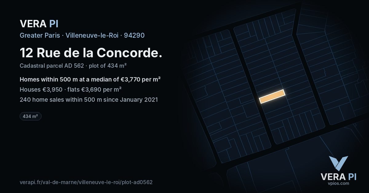 12 Rue de la Concorde, Villeneuve-le-Roi at night – the plot lit, the parcels around coloured by the prices near them