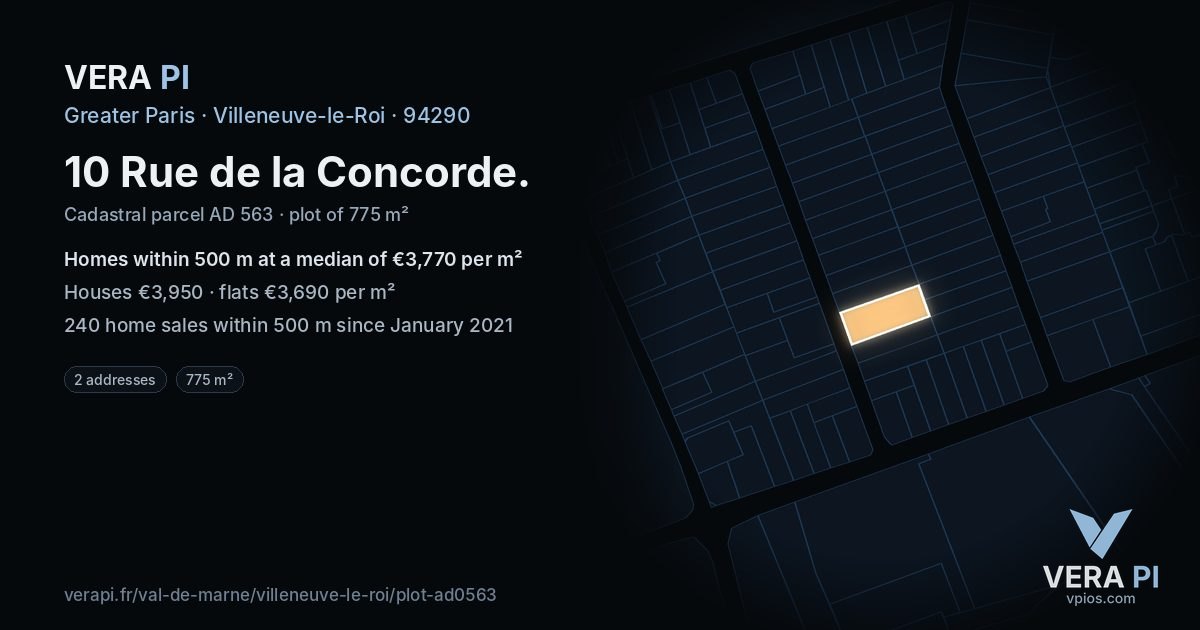 10 Rue de la Concorde, Villeneuve-le-Roi at night – the plot lit, the parcels around coloured by the prices near them