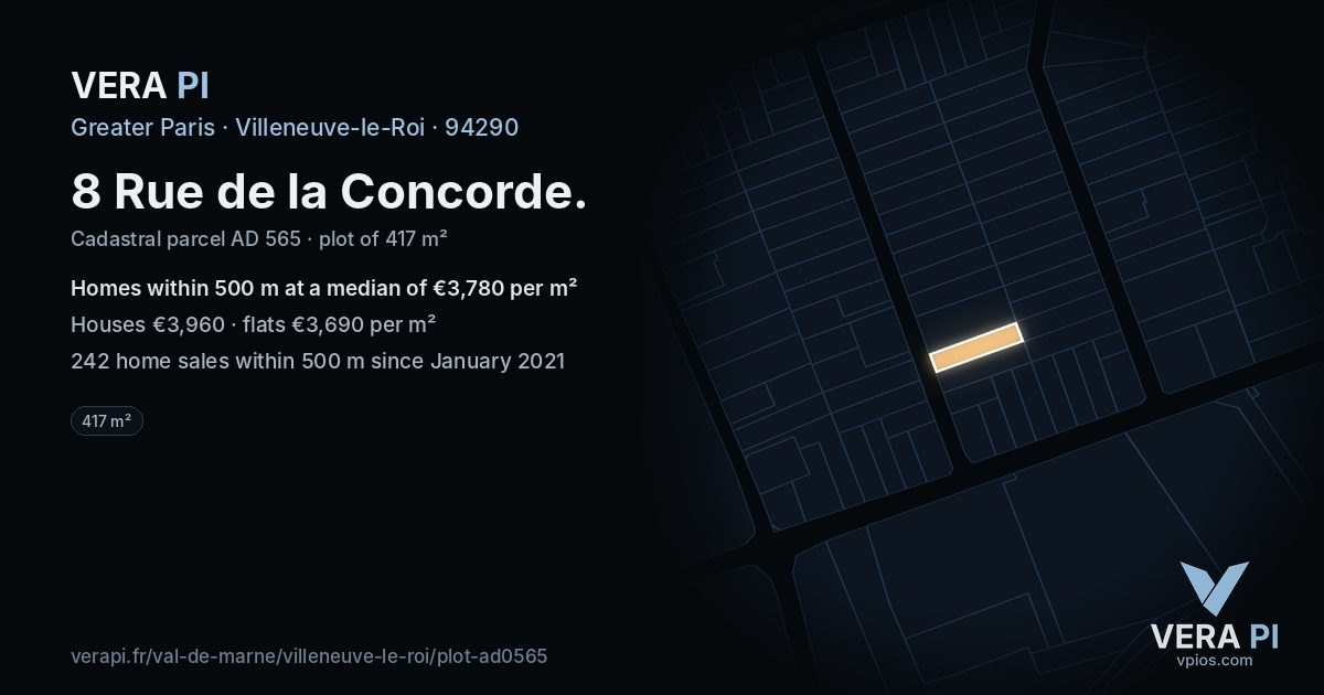 8 Rue de la Concorde, Villeneuve-le-Roi at night – the plot lit, the parcels around coloured by the prices near them