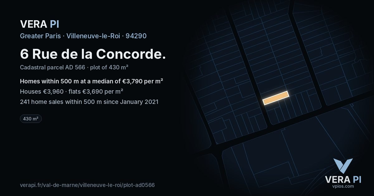 6 Rue de la Concorde, Villeneuve-le-Roi at night – the plot lit, the parcels around coloured by the prices near them