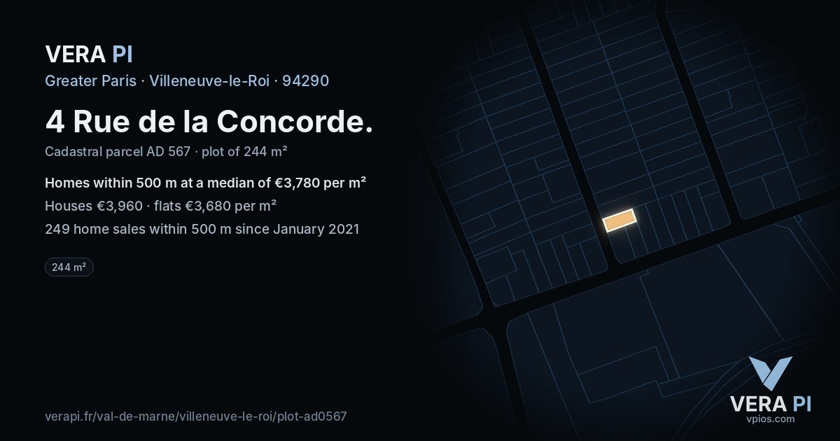 4 Rue de la Concorde, Villeneuve-le-Roi at night – the plot lit, the parcels around coloured by the prices near them