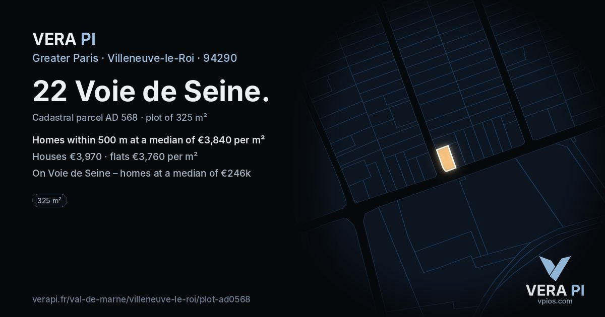 22 Voie de Seine, Villeneuve-le-Roi at night – the plot lit, the parcels around coloured by the prices near them