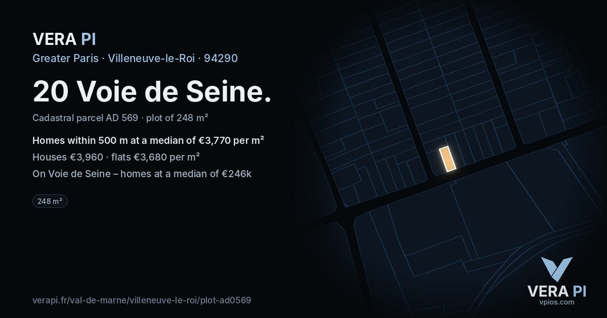 20 Voie de Seine, Villeneuve-le-Roi at night – the plot lit, the parcels around coloured by the prices near them