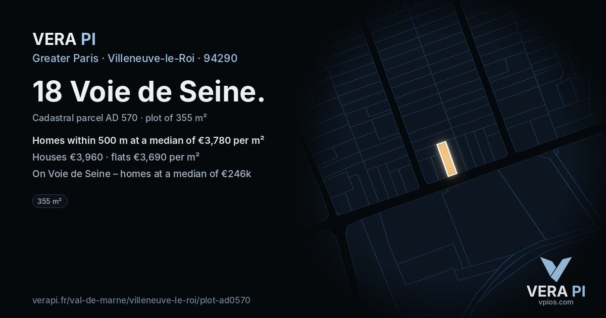 18 Voie de Seine, Villeneuve-le-Roi at night – the plot lit, the parcels around coloured by the prices near them