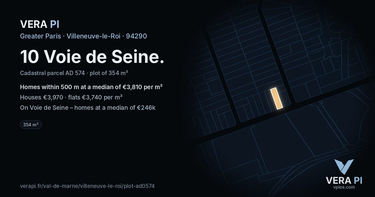 10 Voie de Seine, Villeneuve-le-Roi at night – the plot lit, the parcels around coloured by the prices near them